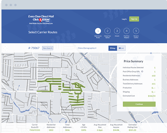 A screenshot of the Click2EDDM mapping tool that shows several routes selected and the address type breakdown